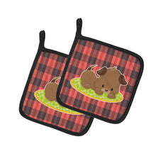 Load image into Gallery viewer, Puppy on Black Red Gingham Pot Holders - Set of 2 - Heat-Resistant Kitchen Essentials BB7072PTHD