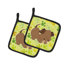 Load image into Gallery viewer, Puppy on Green Pawprints Pot Holders - Set of 2 - Heat-Resistant Kitchen Essentials BB7078PTHD