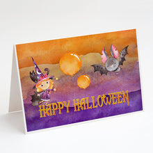 Load image into Gallery viewer, Halloween Little Witch and Bat Greeting Cards -  Blank Note Cards – 8-Pack of Artist-Designed Cards with Envelopes