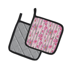 Load image into Gallery viewer, Watercolor Pink Flowers Grey Stripes Pot Holders - Set of 2 - Heat-Resistant Kitchen Essentials BB7502PTHD