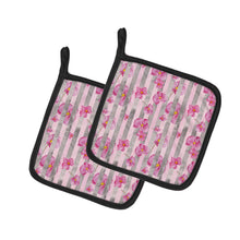 Load image into Gallery viewer, Watercolor Pink Flowers Grey Stripes Pot Holders - Set of 2 - Heat-Resistant Kitchen Essentials BB7502PTHD