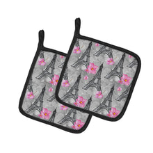 Load image into Gallery viewer, Watercolor Pink Flowers Eiffel Tower Pot Holders - Set of 2 - Heat-Resistant Kitchen Essentials BB7503PTHD