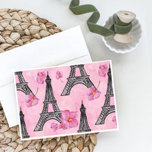 Load image into Gallery viewer, Watercolor Pink Flowers and Eiffel Tower Greeting Cards -  Blank Note Cards – 8-Pack of Artist-Designed Cards with Envelopes