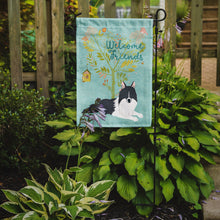 Load image into Gallery viewer, Welcome Friends Black White Collie Garden Flag – Teal Dog Yard Decor with Tree Illustration BB7583GF