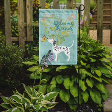 Load image into Gallery viewer, Welcome Friends Dalmatian Garden Flag – Teal Dog Yard Decor with Tree Illustration BB7585GF