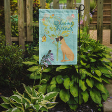 Load image into Gallery viewer, Welcome Friends Fawn Great Dane Natural Ears Garden Flag – Teal Dog Yard Decor with Tree Illustration BB7588GF