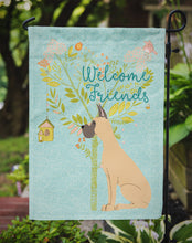 Load image into Gallery viewer, Welcome Friends Fawn Great Dane Cropped Ears Garden Flag – Teal Dog Yard Decor with Tree Illustration BB7589GF