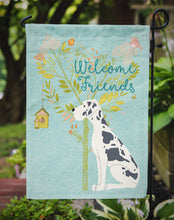 Load image into Gallery viewer, Welcome Friends Harlequin Great Dane Garden Flag – Teal Dog Yard Decor with Tree Illustration BB7590GF