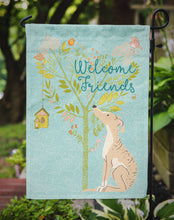 Load image into Gallery viewer, Welcome Friends Brindle Greyhound Garden Flag – Teal Dog Yard Decor with Tree Illustration BB7591GF