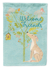 Load image into Gallery viewer, Welcome Friends Brindle Greyhound Garden Flag – Teal Dog Yard Decor with Tree Illustration BB7591GF