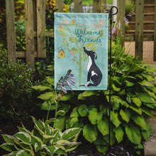 Load image into Gallery viewer, Welcome Friends Black White Greyhound Garden Flag – Teal Dog Yard Decor with Tree Illustration BB7592GF