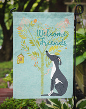 Load image into Gallery viewer, Welcome Friends Black White Greyhound Garden Flag – Teal Dog Yard Decor with Tree Illustration BB7592GF