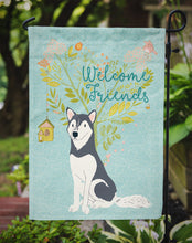 Load image into Gallery viewer, Welcome Friends Siberian Husky Garden Flag – Teal Dog Yard Decor with Tree Illustration BB7594GF