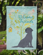 Load image into Gallery viewer, Welcome Friends Black Labrador Retriever Garden Flag – Teal Dog Yard Decor with Tree Illustration BB7595GF