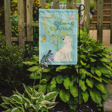 Load image into Gallery viewer, Welcome Friends Yellow Labrador Retriever Garden Flag – Teal Dog Yard Decor with Tree Illustration BB7596GF