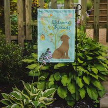 Load image into Gallery viewer, Welcome Friends Chocolate Labrador Retriever Garden Flag – Teal Dog Yard Decor with Tree Illustration BB7597GF