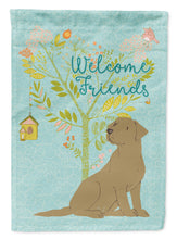 Load image into Gallery viewer, Welcome Friends Chocolate Labrador Retriever Garden Flag – Teal Dog Yard Decor with Tree Illustration BB7597GF