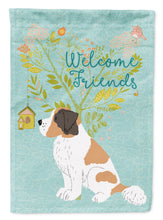 Load image into Gallery viewer, Welcome Friends Saint Bernard Garden Flag – Teal Dog Yard Decor with Tree Illustration BB7599GF