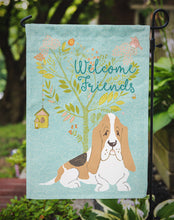Load image into Gallery viewer, Welcome Friends Basset Hound Garden Flag – Teal Dog Yard Decor with Tree Illustration BB7600GF