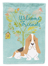 Load image into Gallery viewer, Welcome Friends Basset Hound Garden Flag – Teal Dog Yard Decor with Tree Illustration BB7600GF