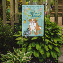 Load image into Gallery viewer, Welcome Friends English Bulldog Garden Flag – Teal Dog Yard Decor with Tree Illustration BB7602GF