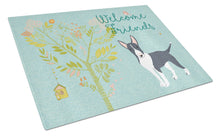 Load image into Gallery viewer, Welcome Friends Black Bull Terrier Glass Cutting Boards – Durable, Decorative Kitchen Art Large BB7604LCB