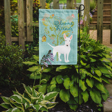 Load image into Gallery viewer, Welcome Friends White Bull Terrier Garden Flag – Teal Dog Yard Decor with Tree Illustration BB7606GF