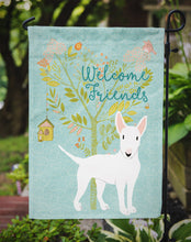 Load image into Gallery viewer, Welcome Friends White Bull Terrier Garden Flag – Teal Dog Yard Decor with Tree Illustration BB7606GF