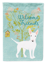 Load image into Gallery viewer, Welcome Friends White Bull Terrier Garden Flag – Teal Dog Yard Decor with Tree Illustration BB7606GF