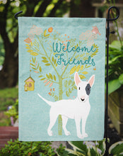 Load image into Gallery viewer, Welcome Friends White Patched Bull Terrier Garden Flag – Teal Dog Yard Decor with Tree Illustration BB7607GF
