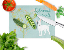 Load image into Gallery viewer, Welcome Friends White Patched Bull Terrier Glass Cutting Boards – Durable, Decorative Kitchen Art Large BB7607LCB