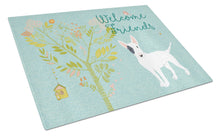 Load image into Gallery viewer, Welcome Friends White Patched Bull Terrier Glass Cutting Boards – Durable, Decorative Kitchen Art Large BB7607LCB