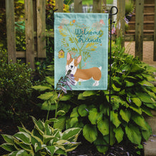 Load image into Gallery viewer, Welcome Friends Pembroke Welsh Corgi Red Garden Flag – Teal Dog Yard Decor with Tree Illustration BB7608GF