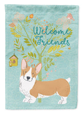Load image into Gallery viewer, Welcome Friends Pembroke Welsh Corgi Red Garden Flag – Teal Dog Yard Decor with Tree Illustration BB7608GF