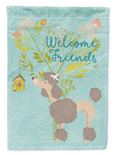 Load image into Gallery viewer, Welcome Friends Chocolate Poodle Garden Flag – Teal Dog Yard Decor with Tree Illustration BB7612GF
