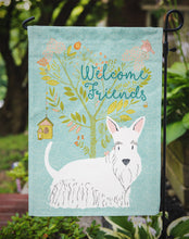 Load image into Gallery viewer, Welcome Friends White Scottish Terrier Garden Flag – Teal Dog Yard Decor with Tree Illustration BB7617GF