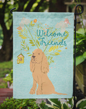 Load image into Gallery viewer, Welcome Friends Buff Cocker Spaniel Garden Flag – Teal Dog Yard Decor with Tree Illustration BB7619GF