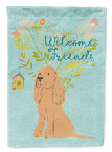 Load image into Gallery viewer, Welcome Friends Buff Cocker Spaniel Garden Flag – Teal Dog Yard Decor with Tree Illustration BB7619GF