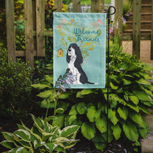 Load image into Gallery viewer, Welcome Friends Black Springer Spaniel Garden Flag – Teal Dog Yard Decor with Tree Illustration BB7621GF
