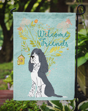 Load image into Gallery viewer, Welcome Friends Black Springer Spaniel Garden Flag – Teal Dog Yard Decor with Tree Illustration BB7621GF