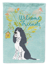 Load image into Gallery viewer, Welcome Friends Black Springer Spaniel Garden Flag – Teal Dog Yard Decor with Tree Illustration BB7621GF