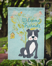 Load image into Gallery viewer, Welcome Friends Black Staffie Garden Flag – Teal Dog Yard Decor with Tree Illustration BB7623GF