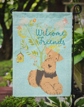 Load image into Gallery viewer, Welcome Friends Airedale Terrier Garden Flag – Teal Dog Yard Decor with Tree Illustration BB7625GF