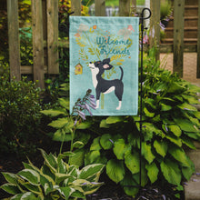 Load image into Gallery viewer, Welcome Friends Black White Chihuahua Garden Flag – Teal Dog Yard Decor with Tree Illustration BB7627GF