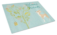 Load image into Gallery viewer, Welcome Friends Brown White Chihuahua Glass Cutting Boards – Durable, Decorative Kitchen Art Large BB7628LCB