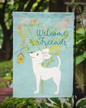 Load image into Gallery viewer, Welcome Friends White Chihuahua Garden Flag – Teal Dog Yard Decor with Tree Illustration BB7629GF