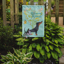 Load image into Gallery viewer, Welcome Friends Black Tan Dachshund Garden Flag – Teal Dog Yard Decor with Tree Illustration BB7630GF