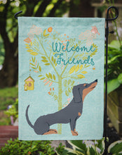 Load image into Gallery viewer, Welcome Friends Black Tan Dachshund Garden Flag – Teal Dog Yard Decor with Tree Illustration BB7630GF