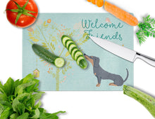Load image into Gallery viewer, Welcome Friends Black Tan Dachshund Glass Cutting Boards – Durable, Decorative Kitchen Art Large BB7630LCB