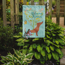 Load image into Gallery viewer, Welcome Friends Red Dachshund Garden Flag – Teal Dog Yard Decor with Tree Illustration BB7631GF